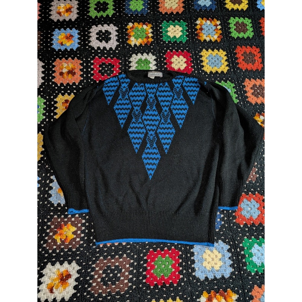 YarnWorks Sweater Blue Black Diamond Glitter Crewneck‎ Pullover Women's Large